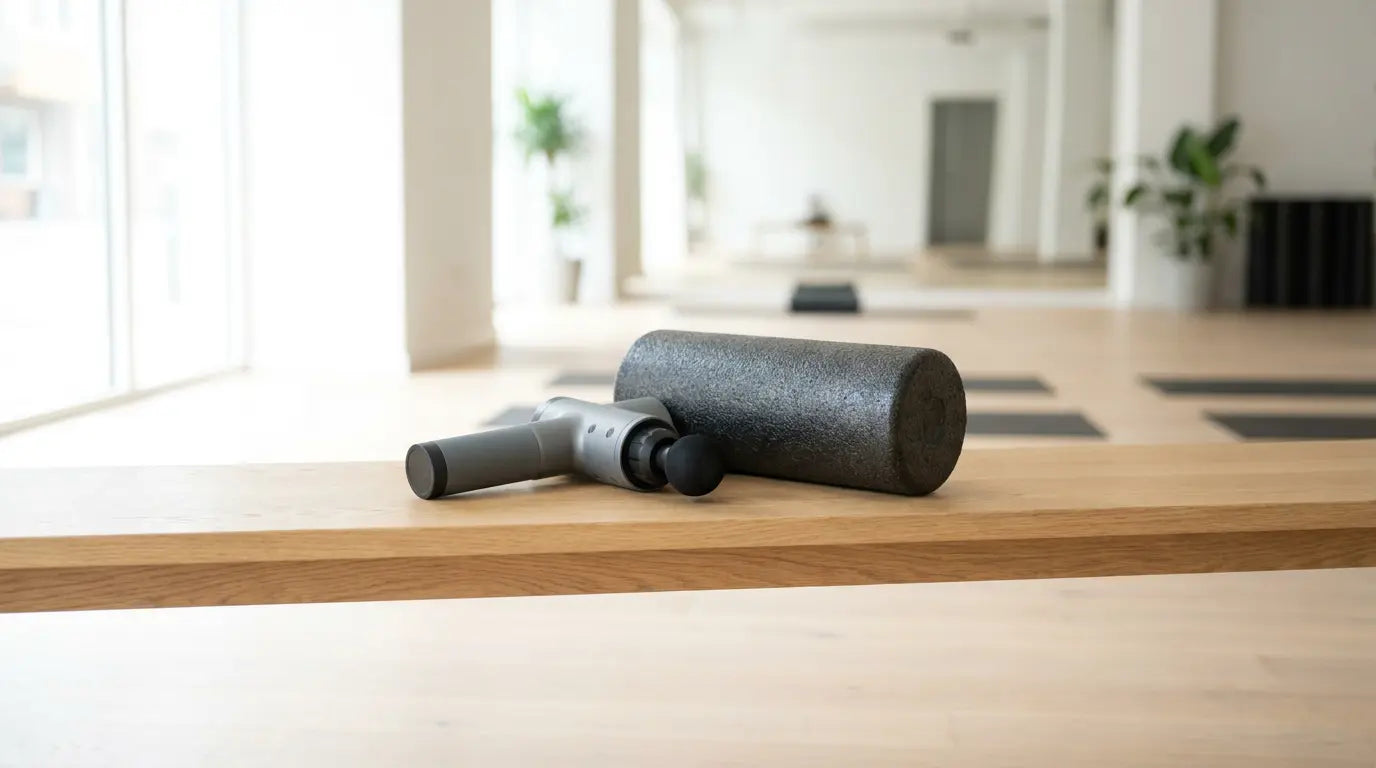 Massagepistole und Faszienrolle nebeneinander auf einer Holzbank in einem Recovery-Studio