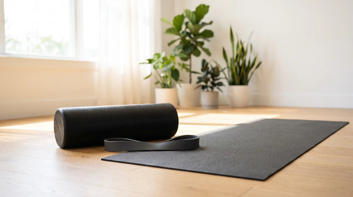 Foam Roller, Mobility-Band und Trainingsmatte auf hellem Holzboden im Morgenlicht