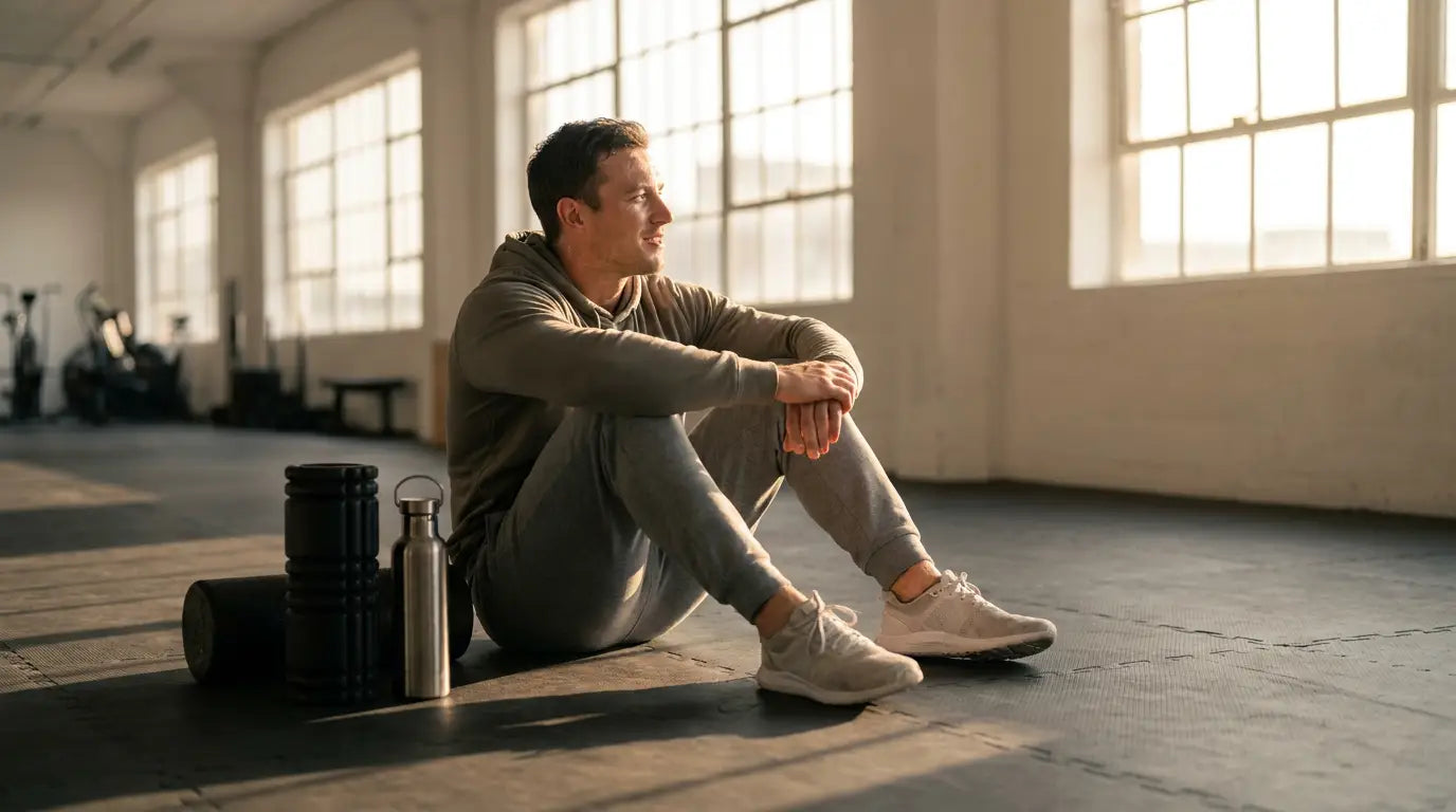 An athlete is resting on a mat after a workout; muscle recovery in a modern gym