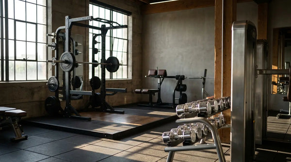 Modernes Fitnessstudio mit Langhantel im Power Rack und Kurzhanteln für einen Oberkörper-Unterkörper-Trainingsplan