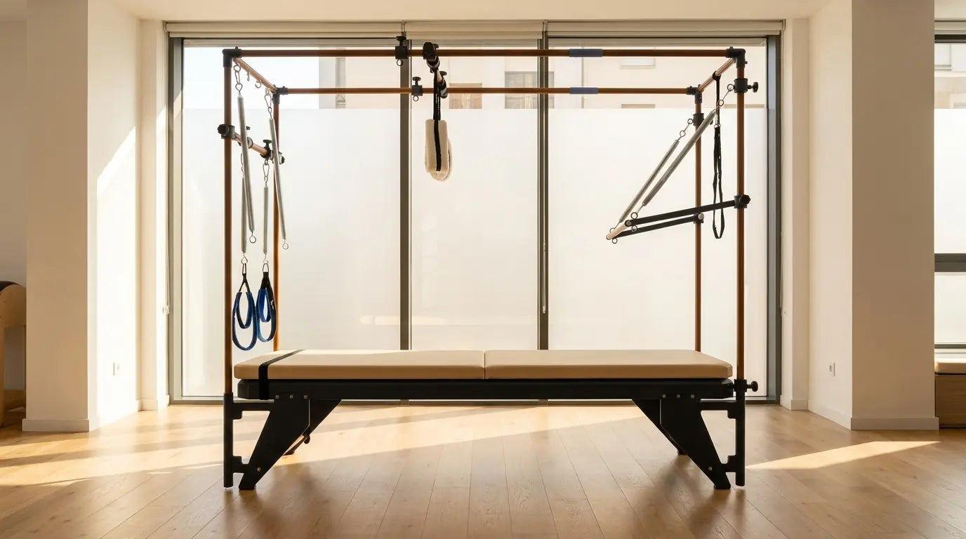 Pilates Cadillac Trapeze Table aus Stahl in einem hellen, modernen Studio