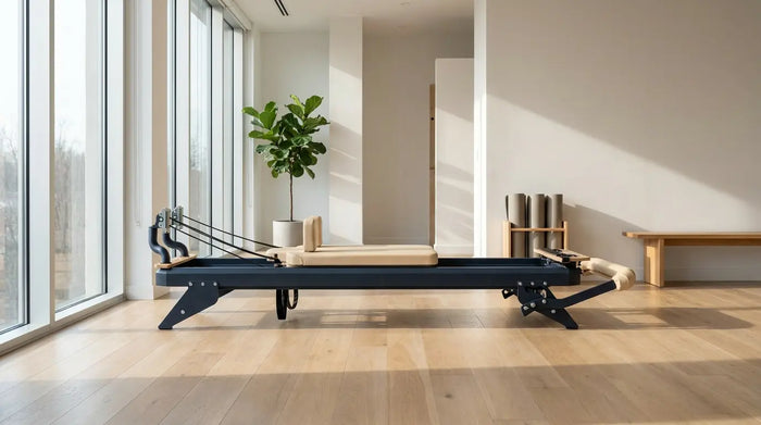 Hegren TALMA 62 Reformer mit Stahlrahmen in einem hellen Pilates- und Physiotherapie-Studio