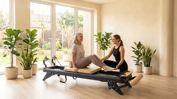 Ältere Frau trainiert sanft auf einem Pilates-Reformer mit Stahlrahmen in einem hellen Studio