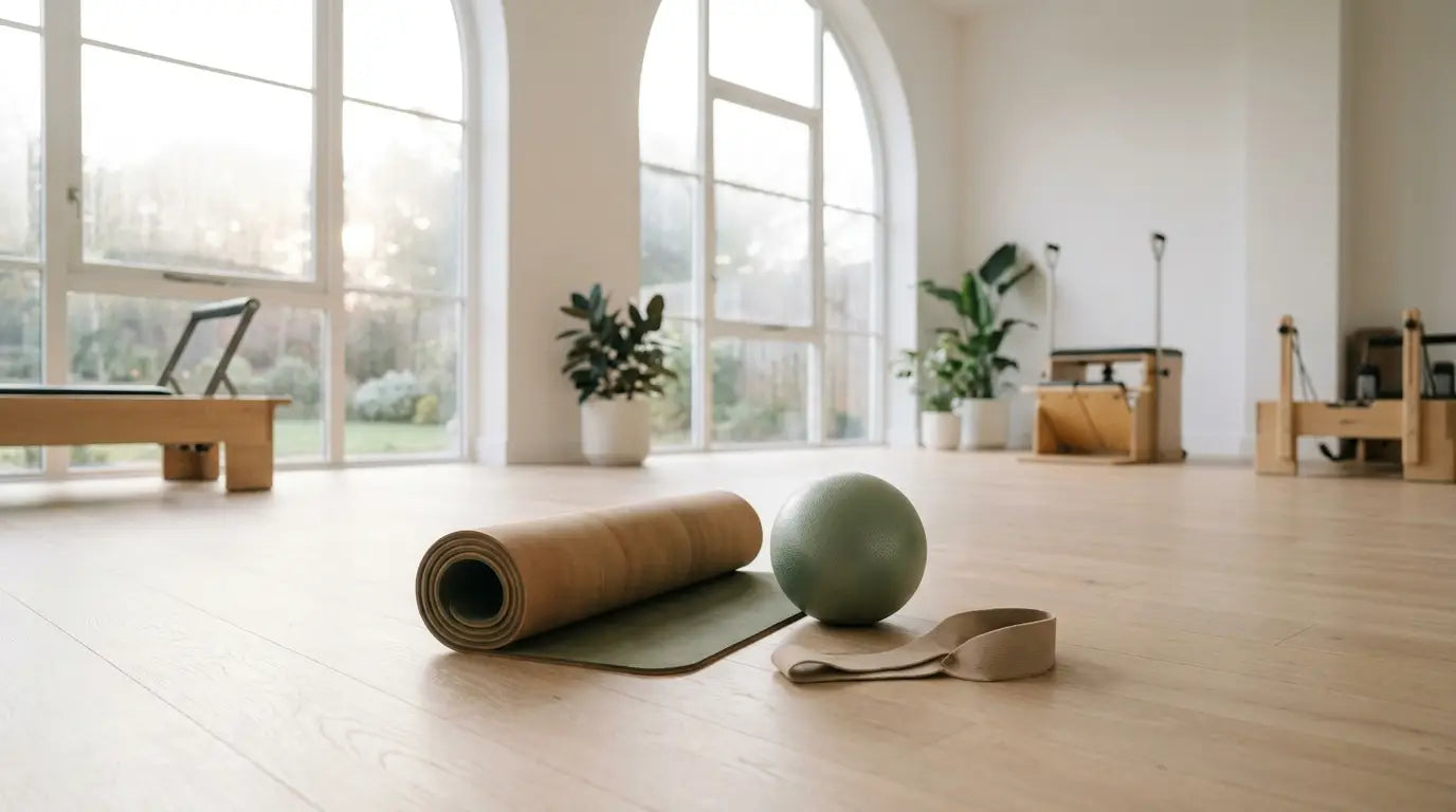 Helles Pilates-Studio mit Matte und sanften Hilfsmitteln für die Rückbildung nach der Geburt