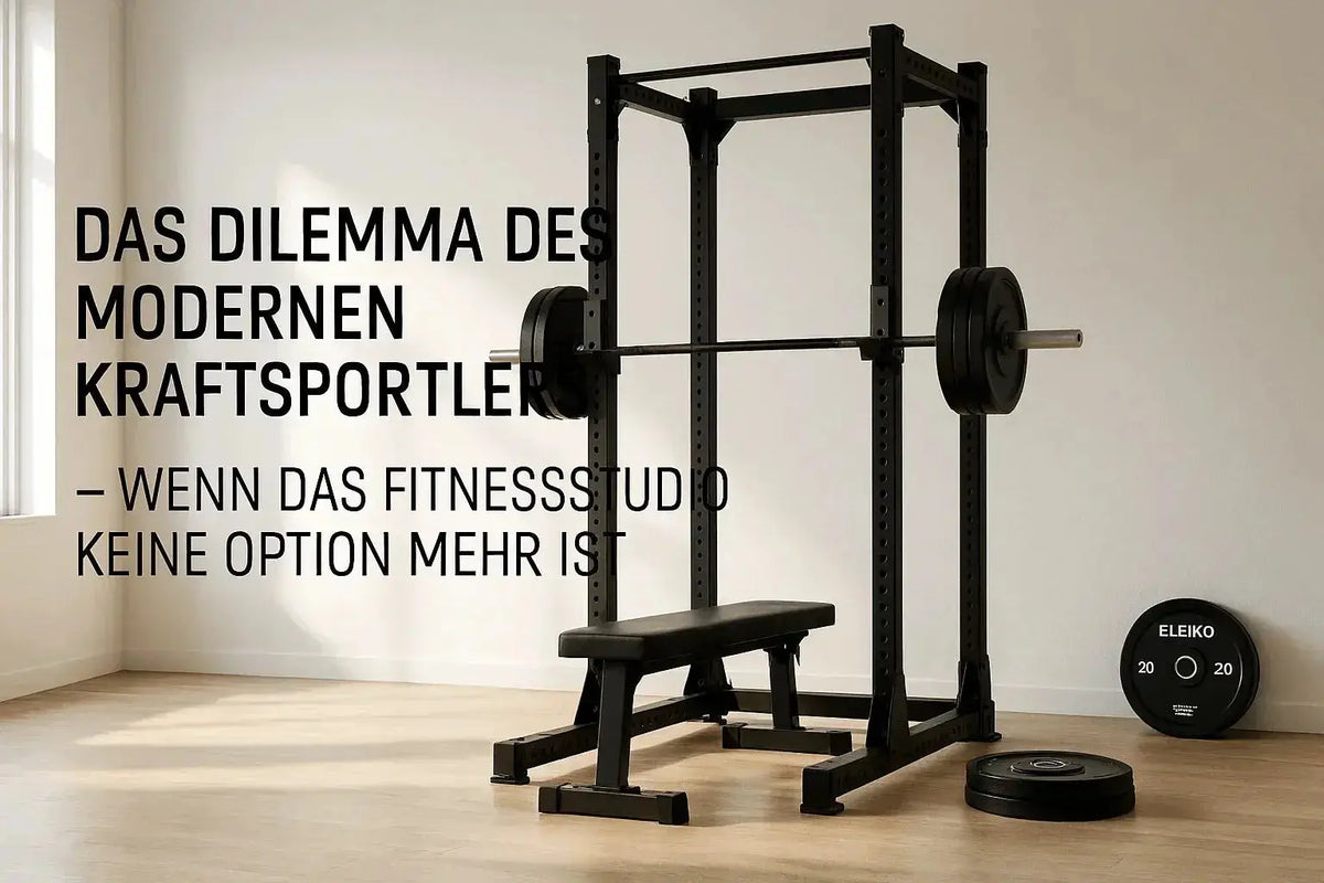 Power rack with weight bench in a fully equipped home gym