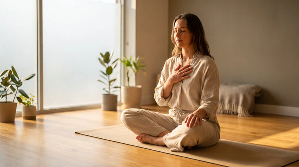 Frau auf der Yogamatte bei einer ruhigen Atemuebung - Pranayama fuer Anfaenger