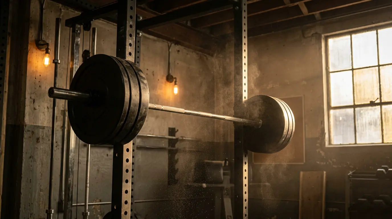 Beladene Langhantel mit Bumper Plates im Power Rack eines Premium-Gyms