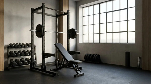 Modernes Home-Gym mit Power Rack, Langhantel und Hanteln für einen Push-Pull-Legs-Trainingsplan