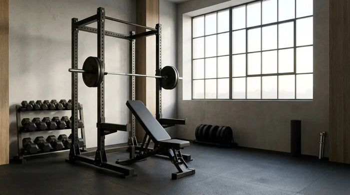 Modernes Home-Gym mit Power Rack, Langhantel und Hanteln für einen Push-Pull-Legs-Trainingsplan