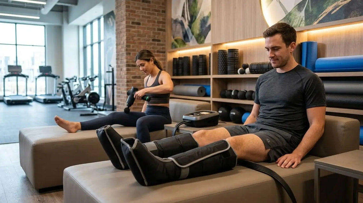 Recovery-Bereich im Studio: Boots und Selbstmassage planen