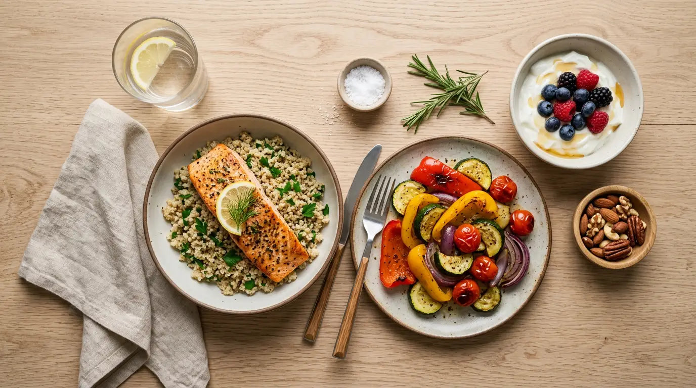 A healthy recovery meal featuring salmon, quinoa, vegetables, and yogurt with berries and nuts, served on a wooden table