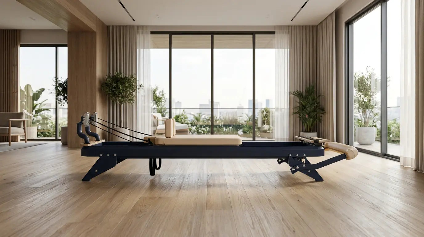 Hegren TALMA 62 Pilates-Reformer mit Stahlrahmen und Federsystem in einem hellen Studio