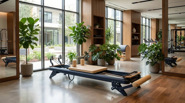 Hegren Pilates Reformer als Mittelpunkt einer Reformer-Zone in einem modernen Fitnessclub