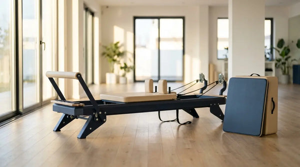 Pilates-Reformer mit Jumpboard, Box und Pole in einem hellen Studio