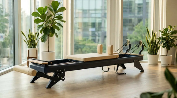 Hegren TALMA 62 Studio-Reformer mit Stahlrahmen in einem hellen modernen Pilatesstudio
