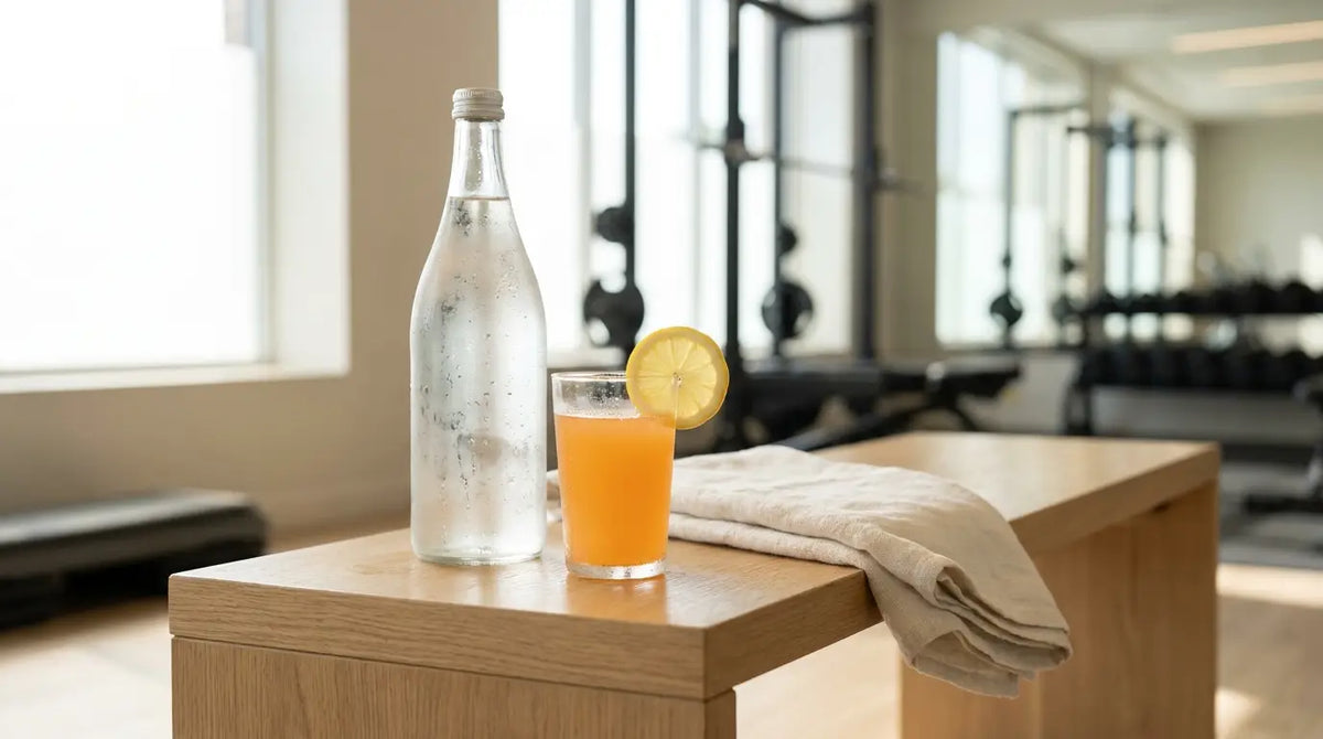 Wasserflasche und Elektrolytgetraenk auf einer Bank im Gym