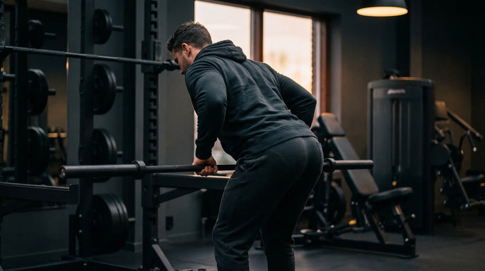 Athlet beim Langhantelrudern für das Rückentraining in einem modernen Studio