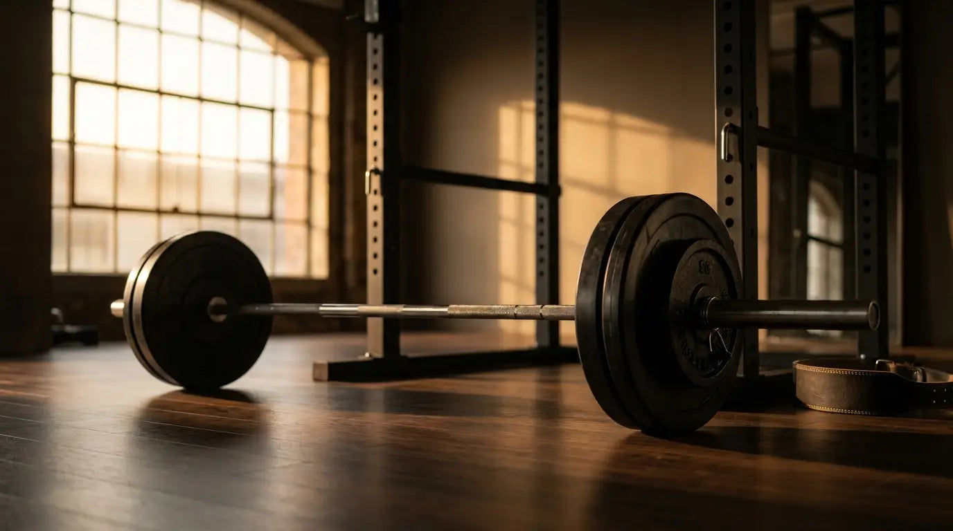 Beladene Langhantel vor einem Power Rack in einem Premium-Gym – bereit fürs rumänische Kreuzheben