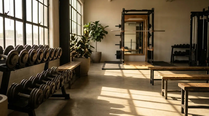 Hanteln und Squat-Rack in einem modernen Kraftraum – Trainingsvolumen für Muskelaufbau