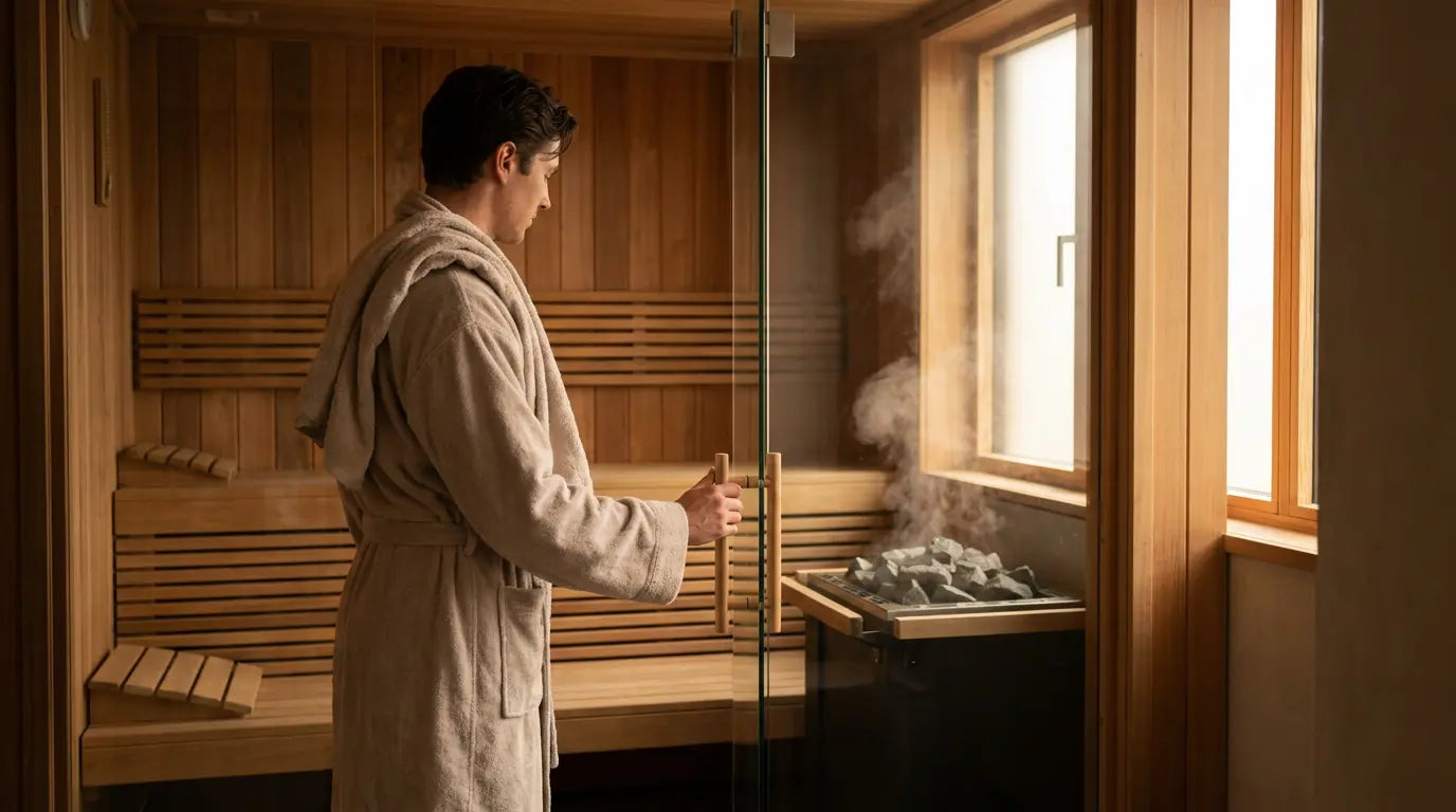 Person betritt moderne finnische Holzsauna im Wellnessbereich – sauna kaufen