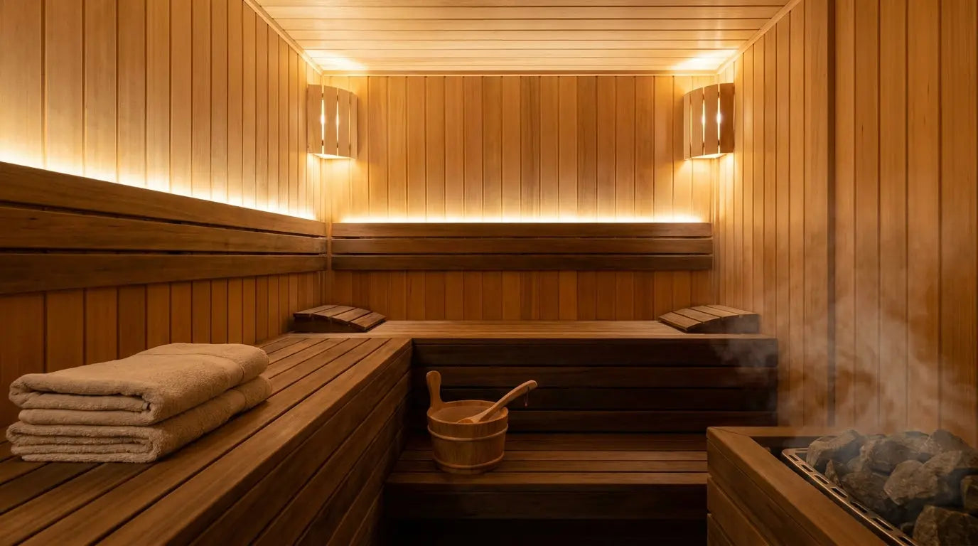 Interno di una sauna di lusso con legno caldo e secchio per l’aufguss