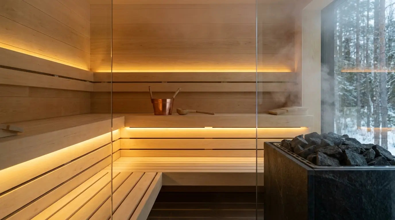 Innenraum einer modernen finnischen Sauna mit Holzbänken und sanftem Licht