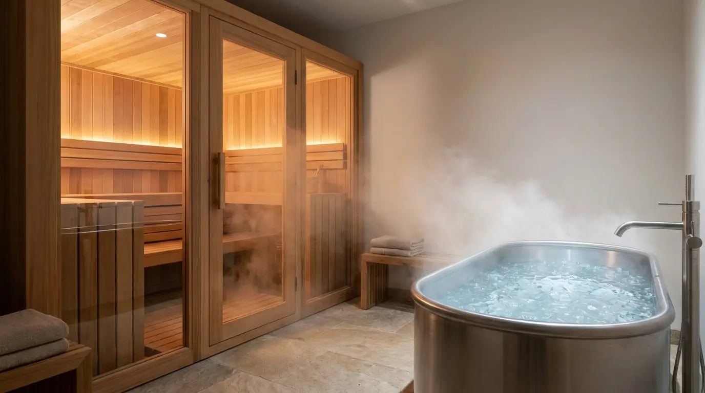 Un sauna moderne à côté d'un bain de glace dans un espace de récupération