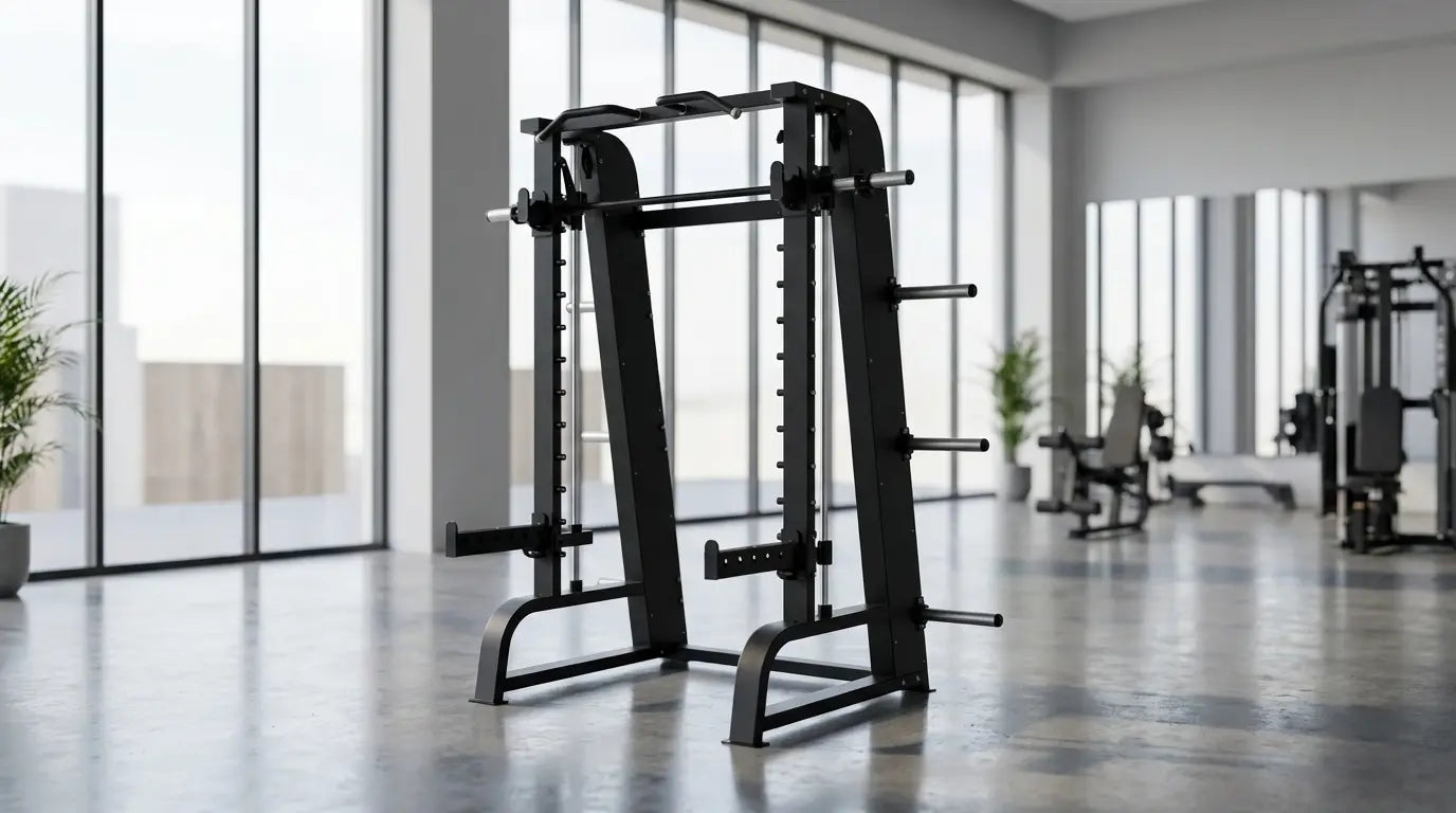 Smith Machine mit Stahlrahmen und geführter Langhantel in einem modernen Studio