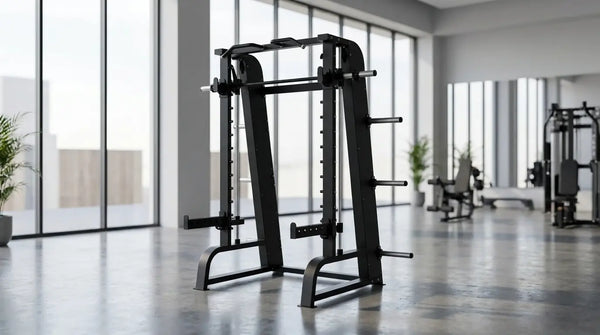 Smith Machine mit Stahlrahmen und geführter Langhantel in einem modernen Studio