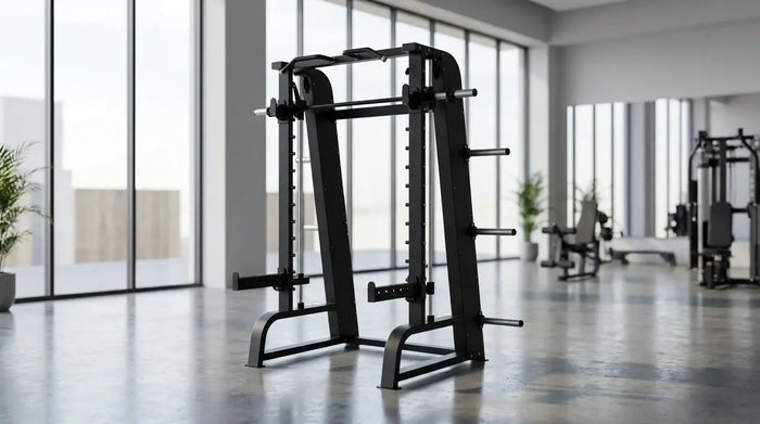 Smith Machine mit Stahlrahmen und geführter Langhantel in einem modernen Studio