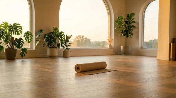 Ruhiges Yoga-Studio bei Sonnenaufgang mit einer aufgerollten Yogamatte