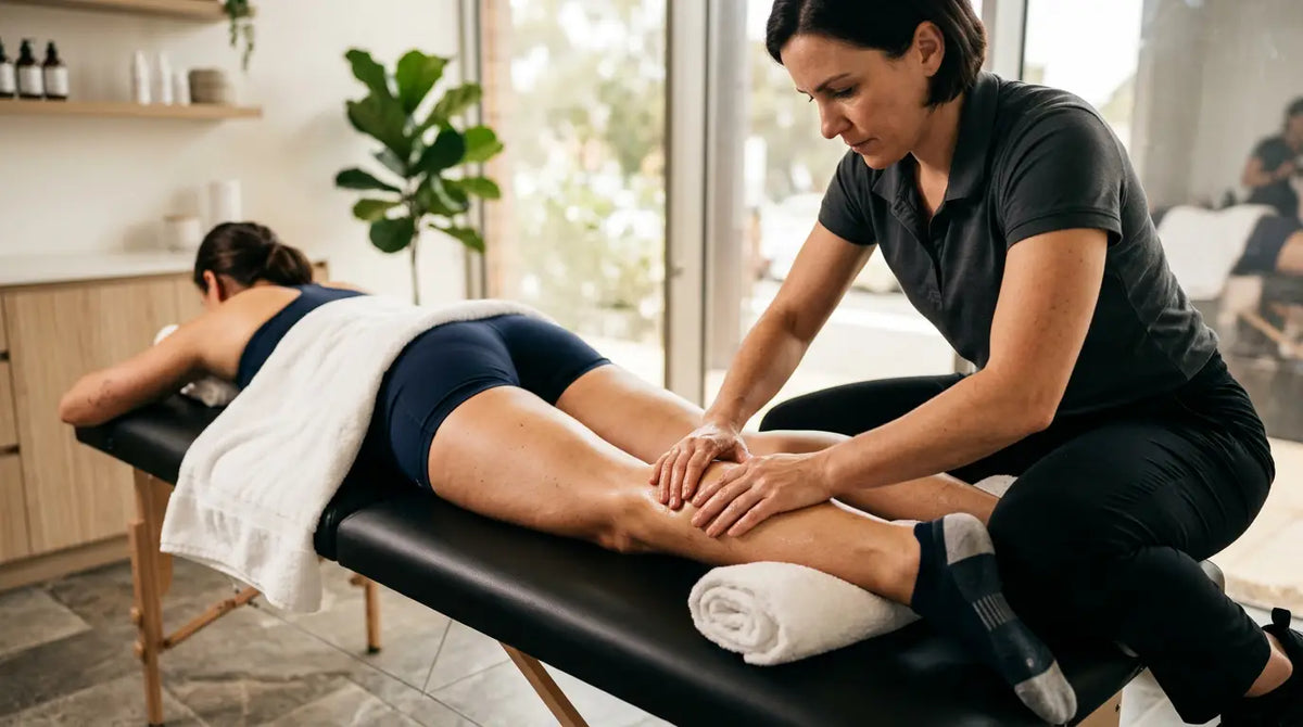 Sports Massage: A therapist massages an athlete's calf on a treatment table in a modern recovery clinic