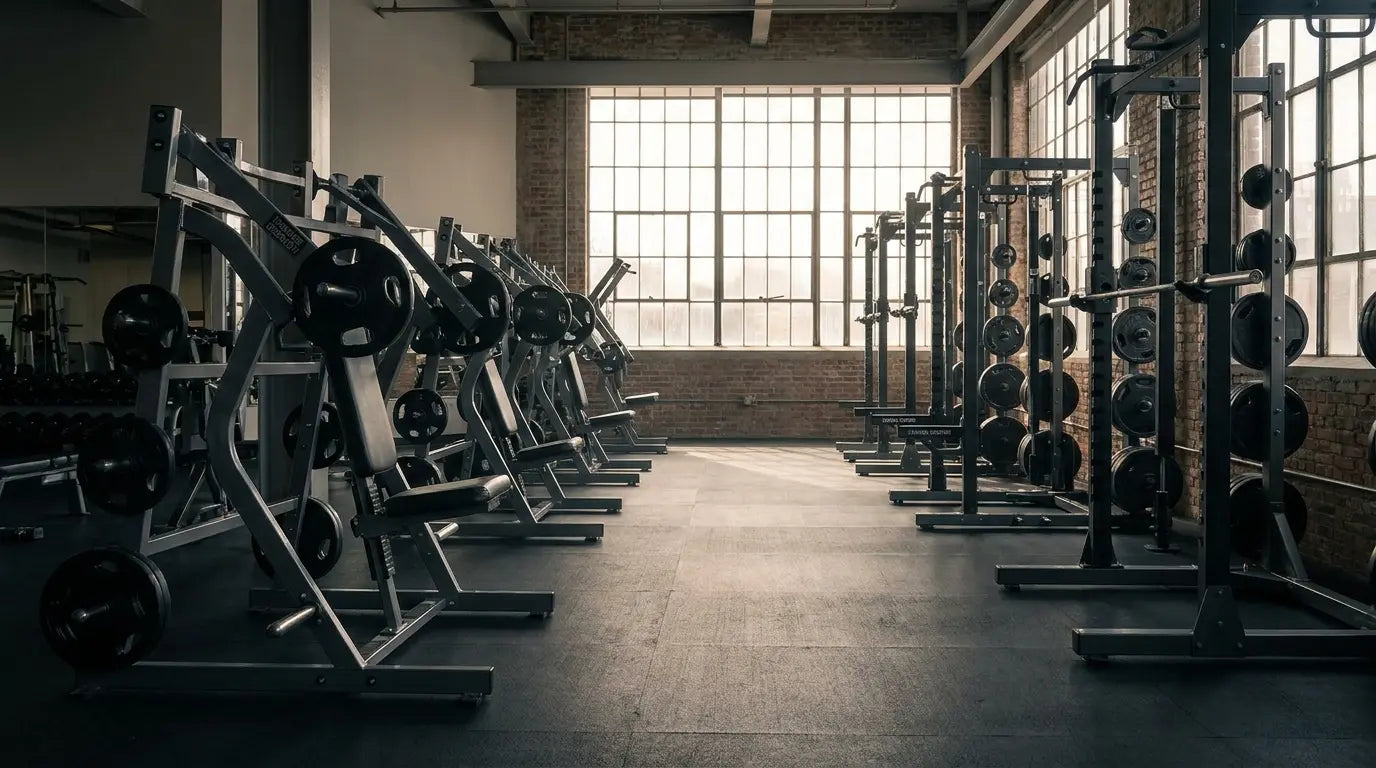 Kraftbereich eines modernen Fitnessstudios mit Plate-Loaded-Maschinen und Power Racks