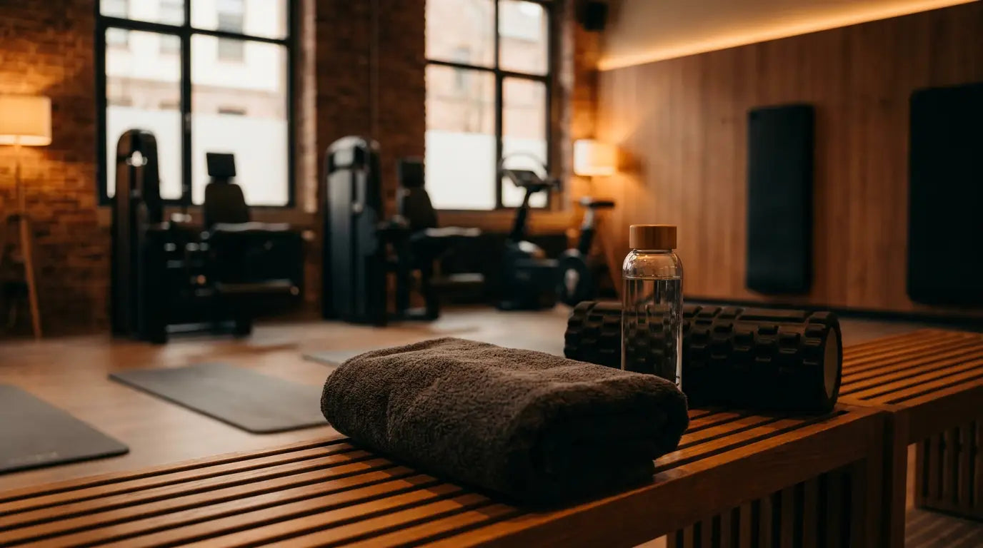 A peaceful recovery setting with a towel, water bottle, and foam roller on a bench