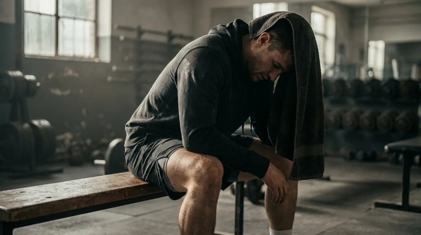 Un atleta esausto è seduto su una panchina con un asciugamano in mano dopo un allenamento intenso
