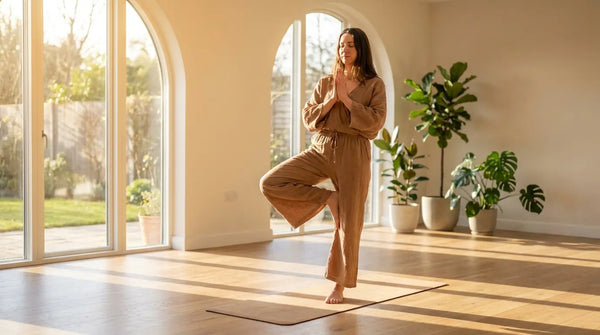 Frau hält eine ruhige Yoga-Pose in einem hellen, minimalistischen Studio