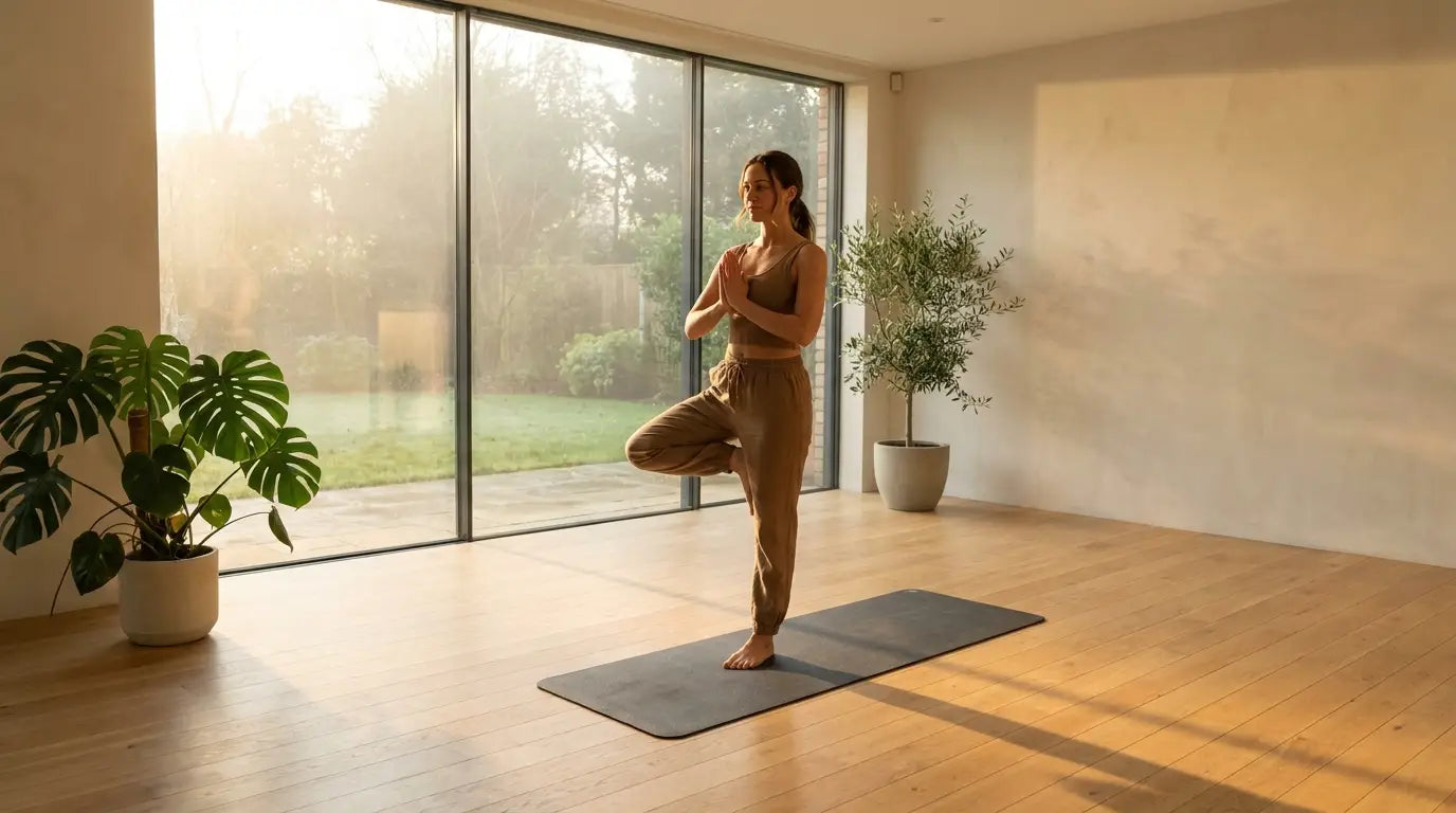 Postura de yoga tranquila en un estudio luminoso al amanecer