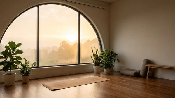 Ausgerollte Yogamatte am Fenster mit warmem Morgenlicht in einem ruhigen, minimalistischen Studio