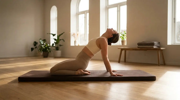Frau bei einer sanften Katze-Kuh-Übung auf der Yogamatte im hellen Studio bei Rückenschmerzen