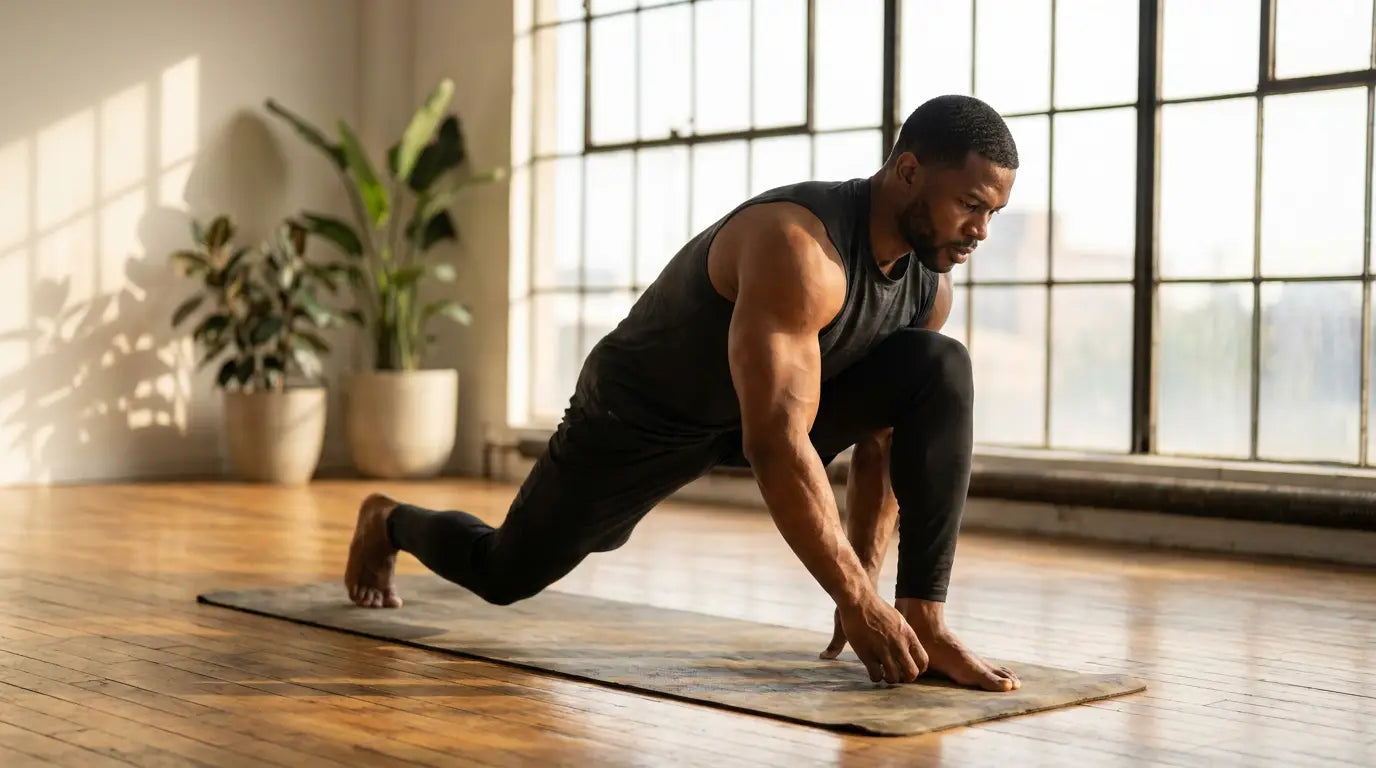 Athletischer Mann in tiefem Yoga-Ausfallschritt auf einer Matte im hellen Studio