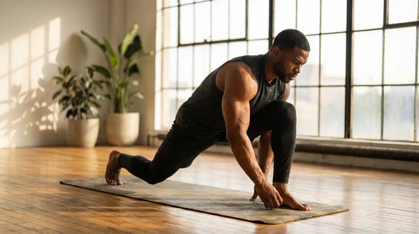 Athletischer Mann in tiefem Yoga-Ausfallschritt auf einer Matte im hellen Studio