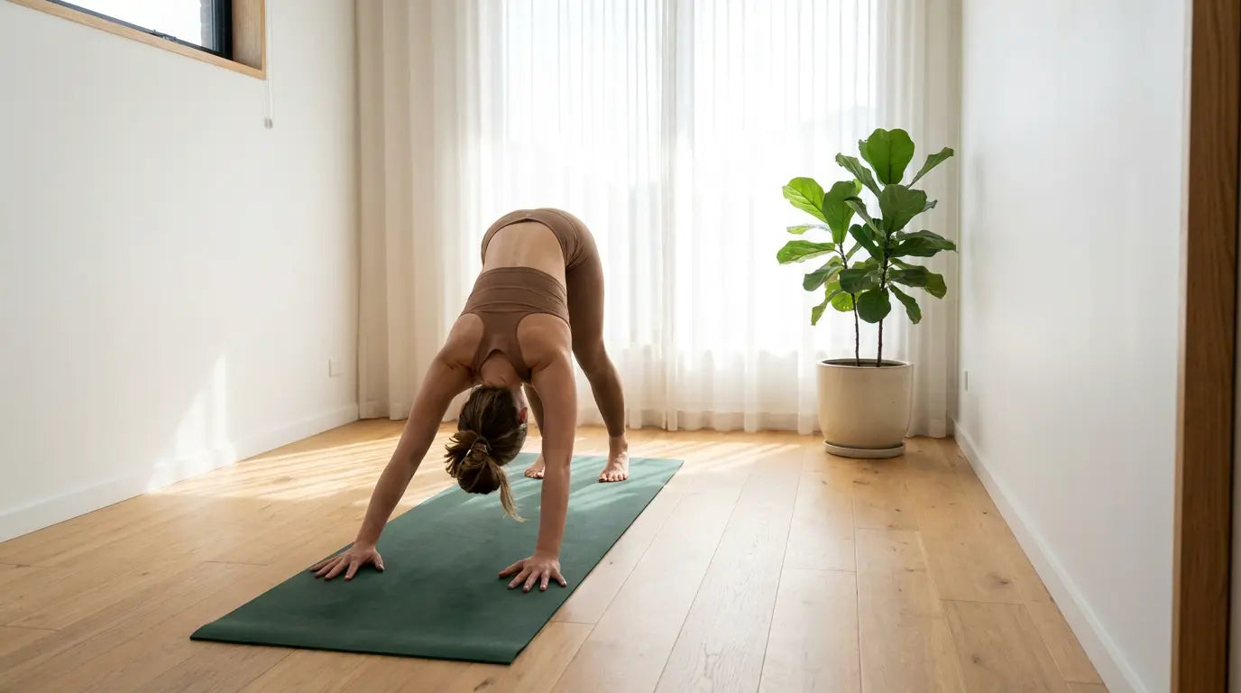 Frau im herabschauenden Hund auf einer Yogamatte in einem hellen, ruhigen Raum
