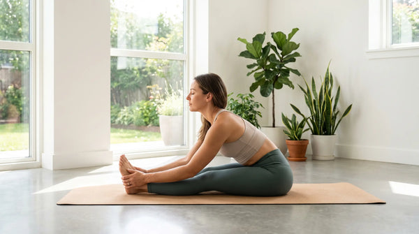 Sportler in einer tiefen Yoga-Vorbeuge auf der Matte in einem hellen Studio