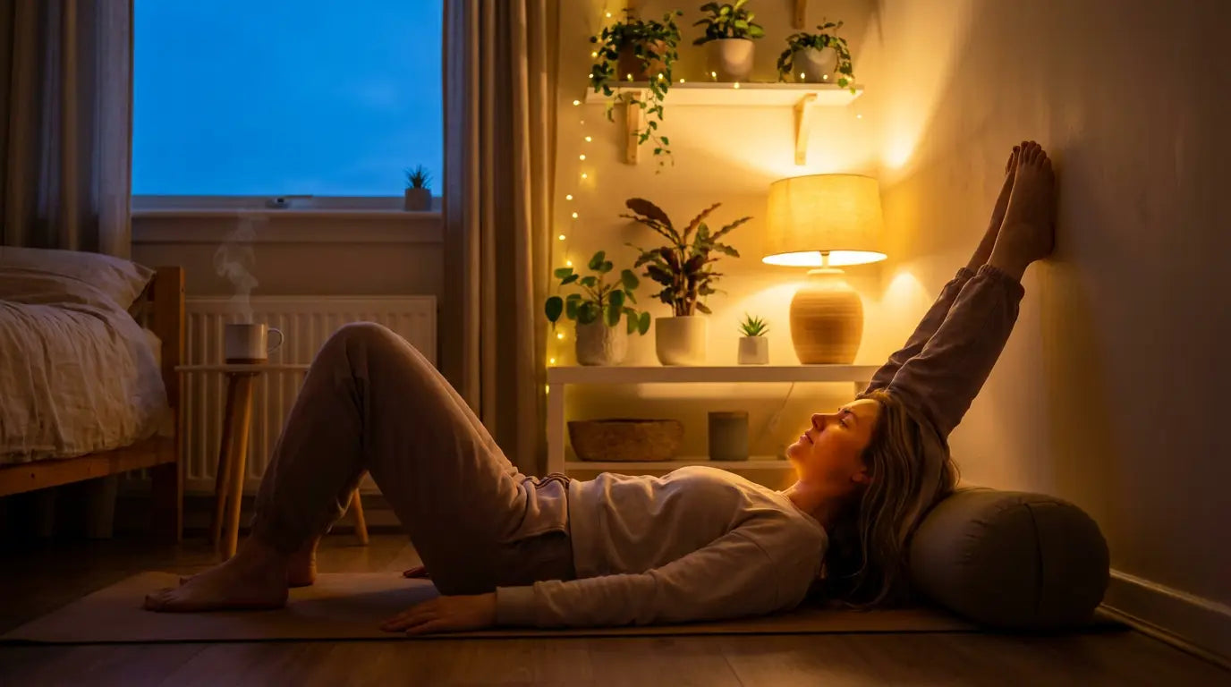 Frau in entspannter Yoga-Haltung am Abend im warm beleuchteten Schlafzimmer