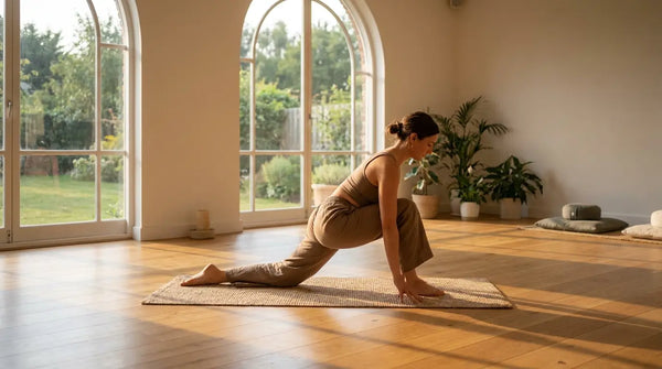 Frau in einem tiefen Ausfallschritt als Hüftöffner im hellen Yogastudio