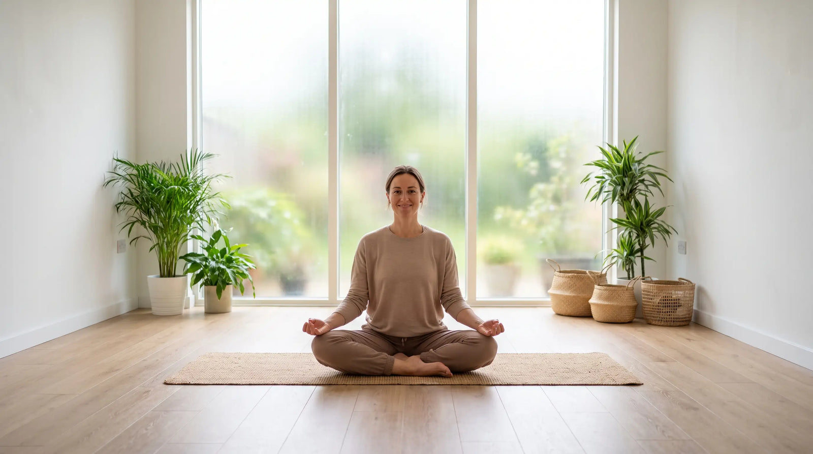 Frau in ruhiger Meditationshaltung auf einer Yogamatte in einem hellen Studio