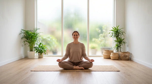 Frau in ruhiger Meditationshaltung auf einer Yogamatte in einem hellen Studio