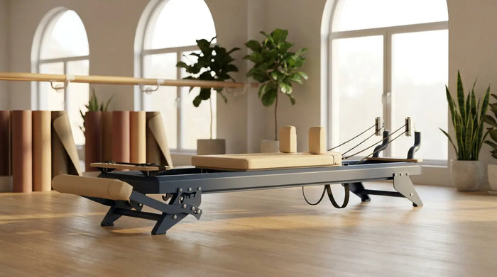 Hegren TALMA 62 Reformer aus Stahl als Mittelpunkt eines hellen Studios, das Yoga und Pilates verbindet