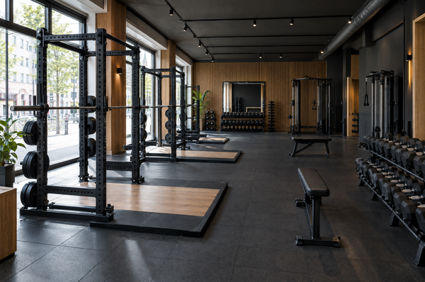 Fitnessstudio eröffnen: neu eröffnetes Boutique-Studio mit Power Racks, Plattformen und Kurzhanteln
