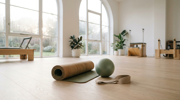 Helles Pilates-Studio mit Matte und sanften Hilfsmitteln für die Rückbildung nach der Geburt